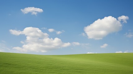 Fototapeta premium Green grass field under a blue sky with fluffy white clouds. Ideal for nature, environment, and landscape backgrounds.