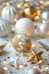 Festive Christmas Decorations with Golden and White Ornaments, Glittering Stars, and Twinkling Lights