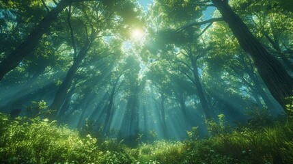 Fototapeta premium Sunlight creating a silhouette of trees against a clear blue sky in a forest.