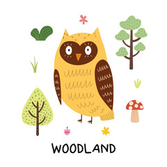 Woodland print with a cute owl. Funny forest character print for kids in cartoon style. Funny little owlet card. Vector illustration