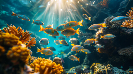 Close-up of a large group of different fish swimming over a coral reef. A school of fish frolics in the open sea.