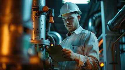 Dedicated Male Engineer Intently Examining Industrial Equipment in the Field