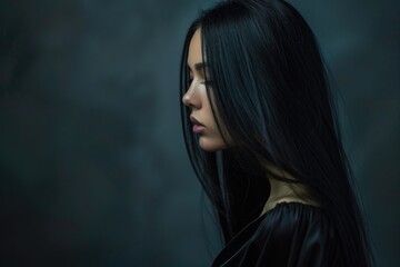 Long Hair. Beauty Woman with Straight Black Hair: Glossy Salon Model on Dark Background