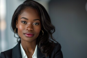 Fototapeta premium Looking At Camera. Closeup Portrait of a Young Successful Black Businesswoman in the Office