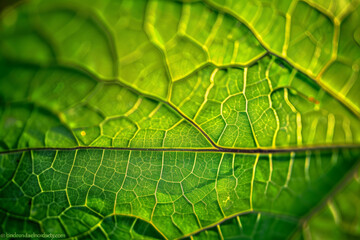 Close up Macro  of Green Leaf's Intricate Veins in Bright Sunlight