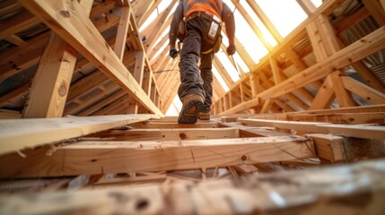 A man carpenter shapes the framework of a new house by working on wooden roof trusses. concept illustration of a carpenter constructing beams for a new home