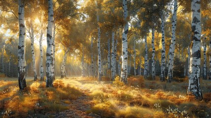 Obraz premium Sunlight shining through a grove of birch trees, highlighting their white bark.