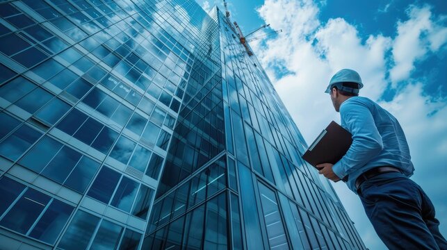 Civil Engineer Surveying Construction Site Evaluating Towering Skyscraper Progress