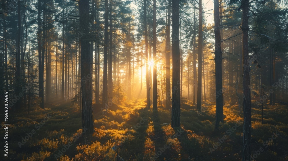Aufkleber sunlight shining through the branches of tall pine trees in a quiet forest, casting a peaceful glow