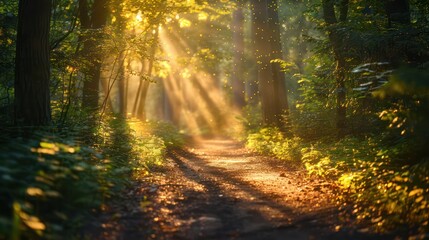 Obraz premium A forest path is illuminated by the sun, casting a warm glow on the trees
