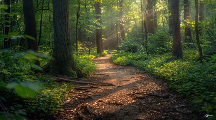 Obraz premium A forest path with sunlight shining through the trees