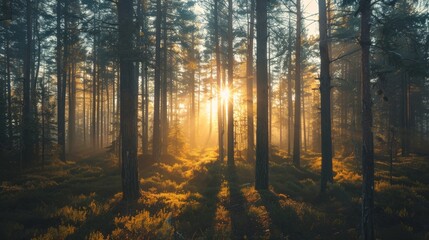 Fototapeta premium Sunlight shining through the branches of tall pine trees in a quiet forest, casting a peaceful glow