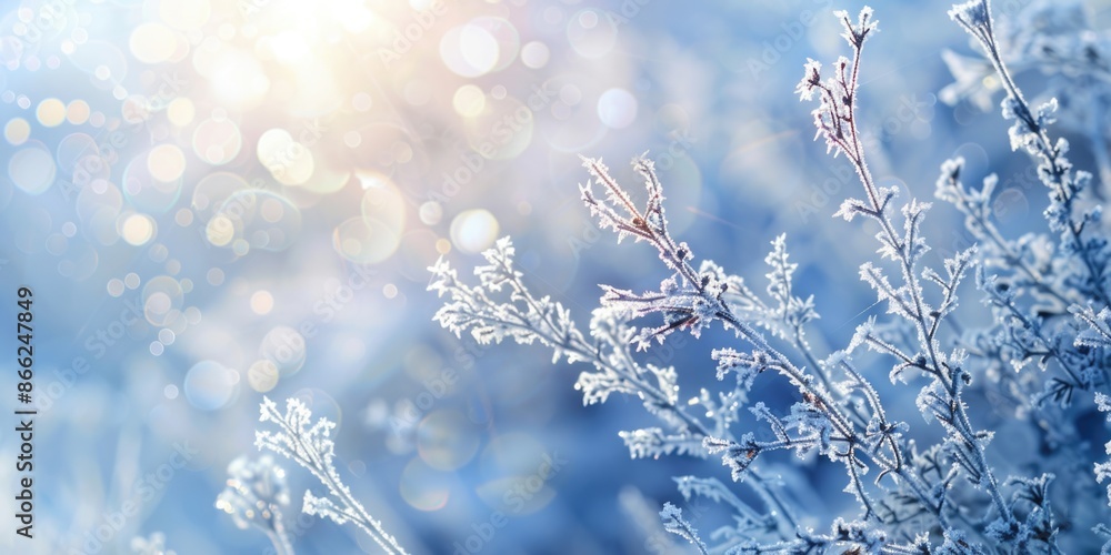 Sticker beautiful winter background with a plants covered with hoarfrost