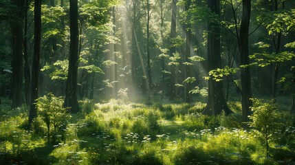 Fototapeta premium A forest with sunlight shining through the trees