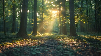 Fototapeta premium A forest path is illuminated by the sun, casting a warm glow on the trees