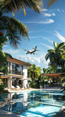 Fototapeta premium Modern luxury villa with a swimming pool with a plane flying above. A modern airplane flies over the villa. Transport concept.