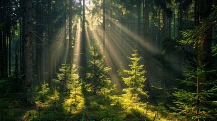 Obraz premium Sunlight streaming through the branches of old spruce, fir, and pine trees in a dense, green forest