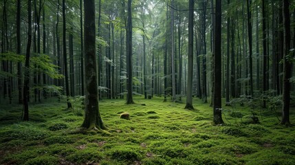 Obraz premium A forest with a lot of trees and a lot of moss