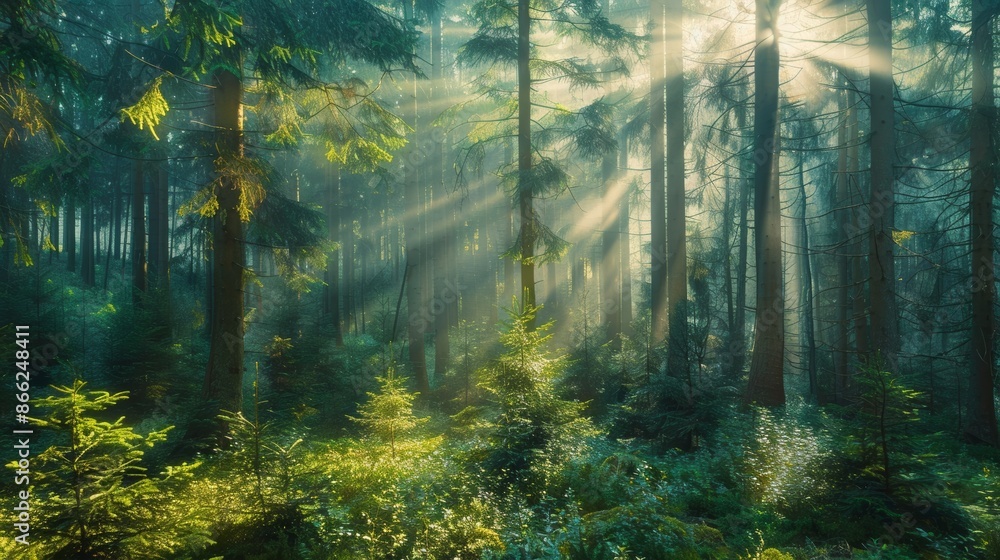 Wall mural Sunlight streaming through the branches of old spruce, fir, and pine trees in a dense, green forest