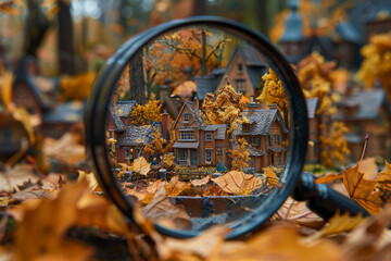 Close Up of Miniature Autumn Village Through Magnifying Glass in Fall Foliage