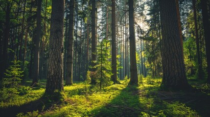 Obraz premium Tall old spruce, fir, and pine trees in a green forest, with sunlight creating a dappled effect on the ground
