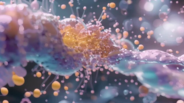 Closeup of a synapse showing vesicles releasing neurotransmitters and transporters actively reuptaking them.