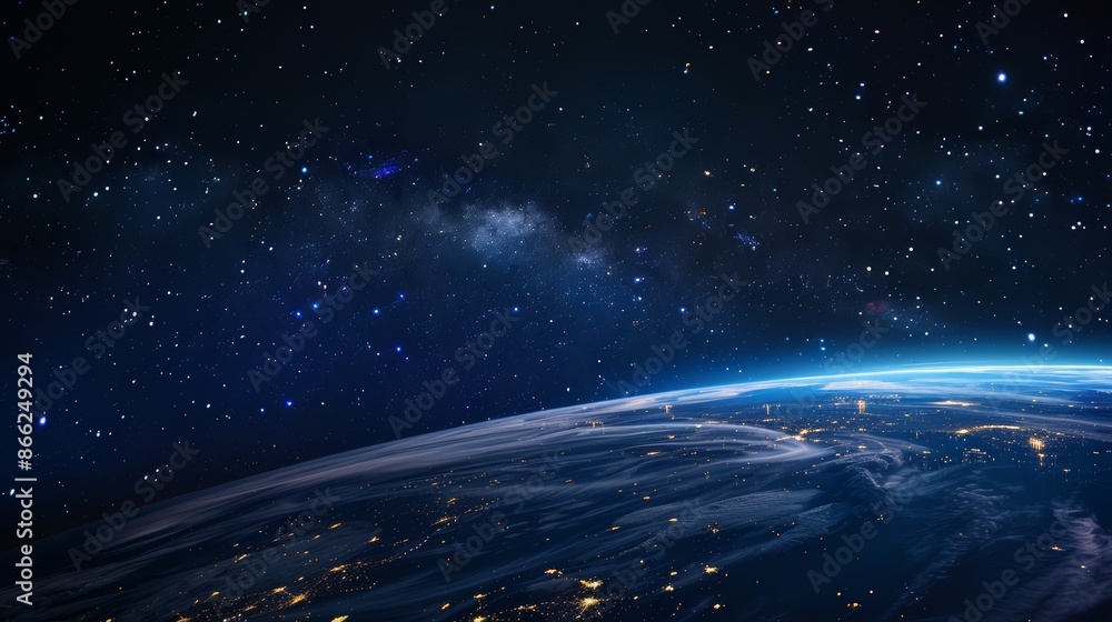 Poster the dark side of earth with illuminated landmasses and a starry sky in the background