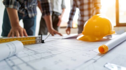 Fototapeta premium Team of construction workers and architect discussing blueprints at a residential building site, with framework in progress