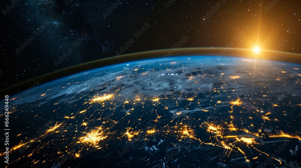 Poster the dark side of earth with illuminated landmasses and a starry sky in the background