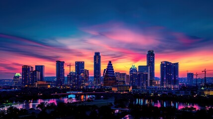 A city skyline with a beautiful sunset in the background