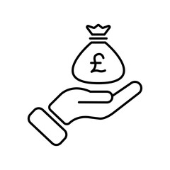 Sterling Pound money bag. Cash payment hand holding Pound money icon. Easy editable vector design.