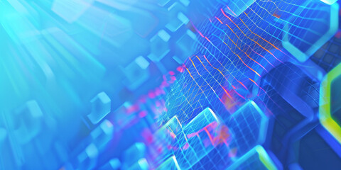 Abstract Digital Futuristic Background with Neon Hexagons and Vibrant Light Effects