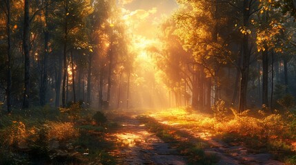 Fototapeta premium The golden hour in a forest, with sunlight casting long shadows and a warm glow.