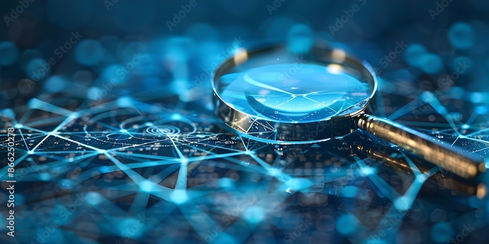 Poster enhanced analysis with modern magnifying glass and connected data flow on blue background. concept t