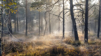 Obraz premium Tranquil foggy morning in a pine forest with dew-covered spider webs and silent surroundings