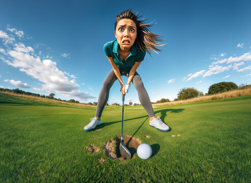 Golfeuse d&eacute;butante frustr&eacute;e apr&egrave;s avoir rat&eacute; la balle sur un terrain de golf ensoleill&eacute;.