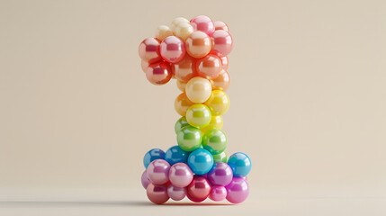 Fototapeta premium Elevate celebrations with a vivid rainbow balloon number one, radiating joy on a neutral background,Digit 1 made from children's toys Multicolored figures for games,Colorful rainbow air balloons
