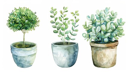 Watercolor hand painted house green plants in flower pots