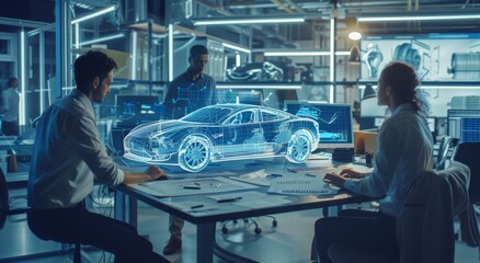 Team of engineers designing a 3D holographic car prototype in a modern high-tech office