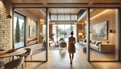 Portrait of a beautiful real estate agent in a modern apartment. A girl walks through a spacious house made in a modern style.