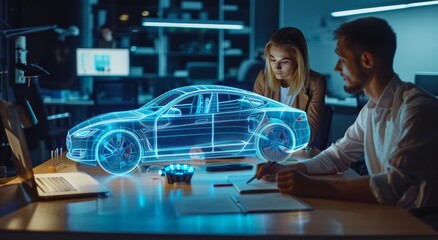 Engineers working on a 3D hologram projection of a car at a high-tech workstation