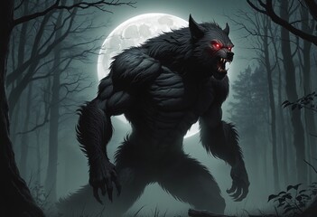 Werewolf in the dark forest at full moon time