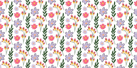 Seamless Spring Summer Female Seamless Pattern with Pastel Flowers. Spring background for Women's day. Seamless pattern with beautiful hand drawn wildflowers. Floral elements.