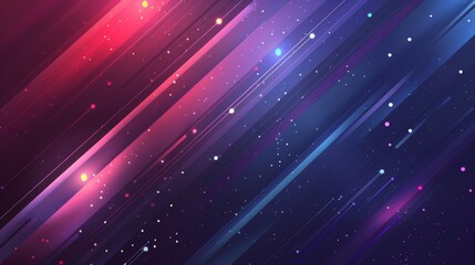 Abstract background with diagonal red, pink, blue and purple stripes and white dots on a dark background. Futuristic or modern design with glowing lights and abstract shapes.