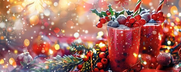 Berry smoothie with Christmas lights and decorations, Vintage, Illustration, Warm colors