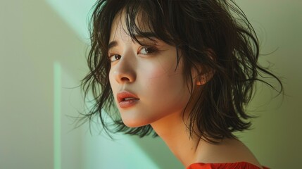 Asian woman, 20 years old, with a realistic natural looking pixie bob hairstyle and full body blur on a green studio background.