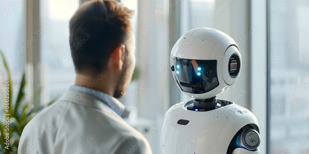 Poster ai humanoid robot utilizes chatgpt chatbot technology to interact with a businessman. concept ai in 