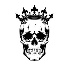 Fototapeta premium Skull with Royal Crown Illustration, Black and white illustration of a skull wearing a royal crown, symbolizing power and mortality in a bold graphic style. 