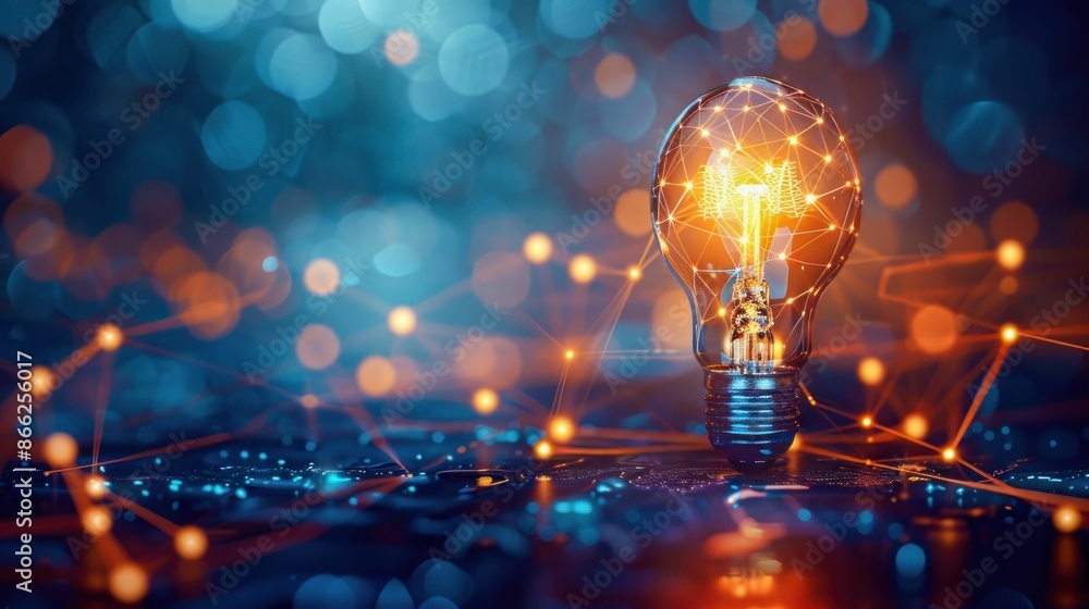 Poster illuminated lightbulb with network connections on blue background. generative ai