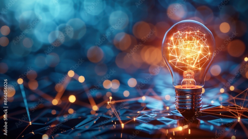Aufkleber illuminated lightbulb with network connections on blue background. generative ai